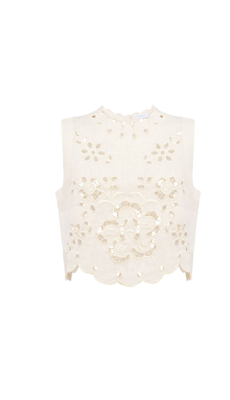 Hand-embroidered Richelieu cutwork linen top in ivory – embroidery detail