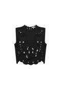 Hand-embroidered Richelieu cutwork linen top in black