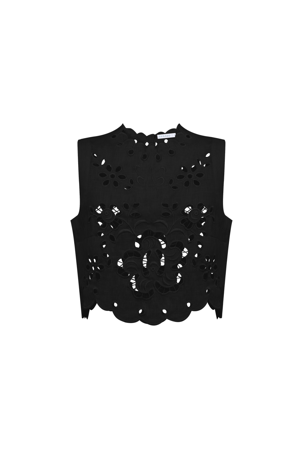 Hand-embroidered Richelieu cutwork linen top in black