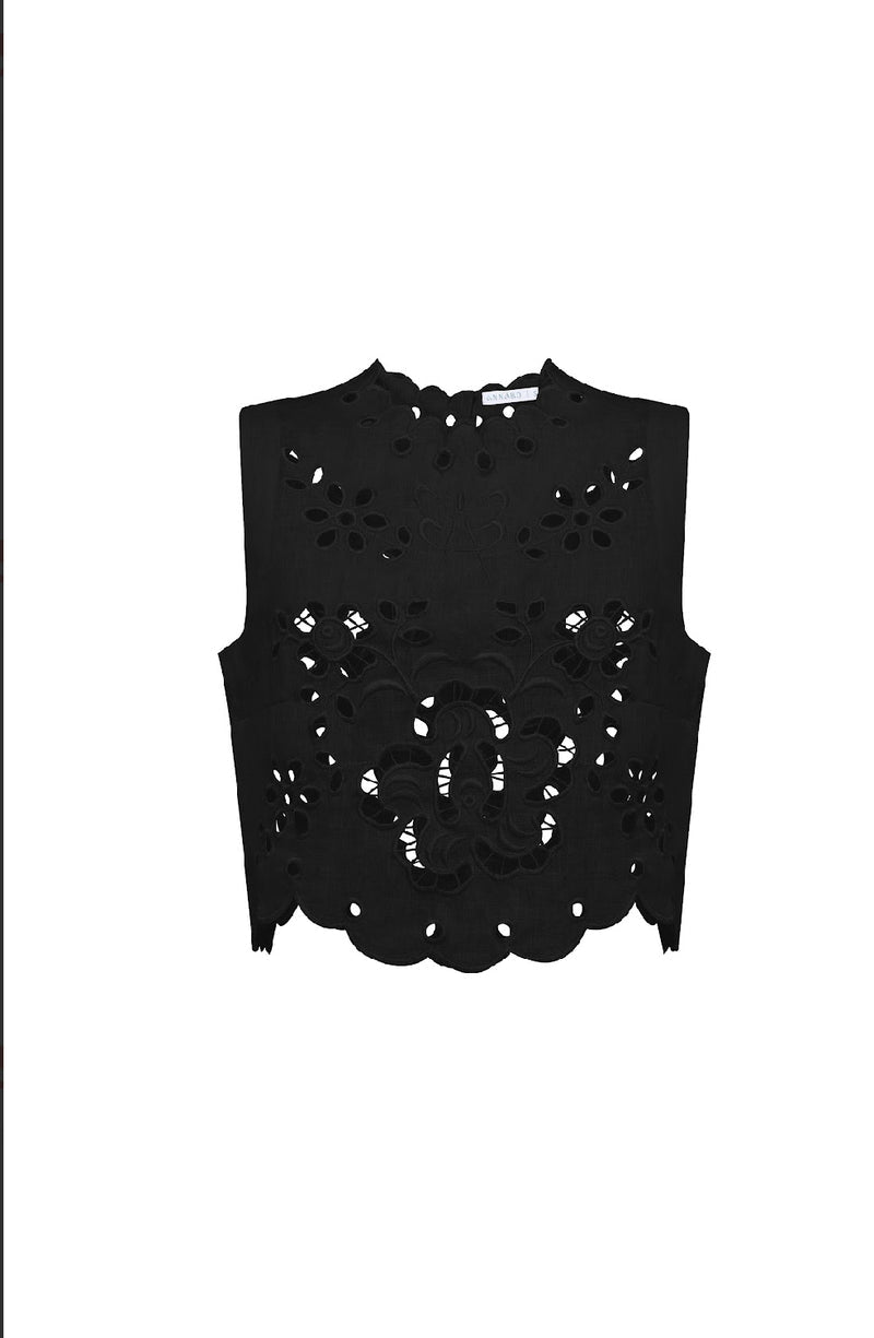 Hand-embroidered Richelieu cutwork linen top in black – styled look