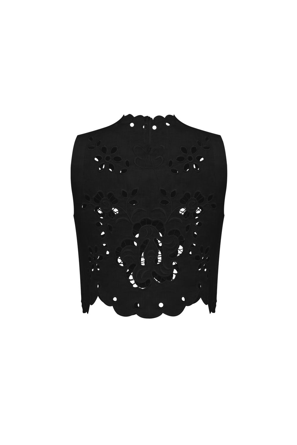 Hand-embroidered Richelieu cutwork linen top in black – embroidery detail