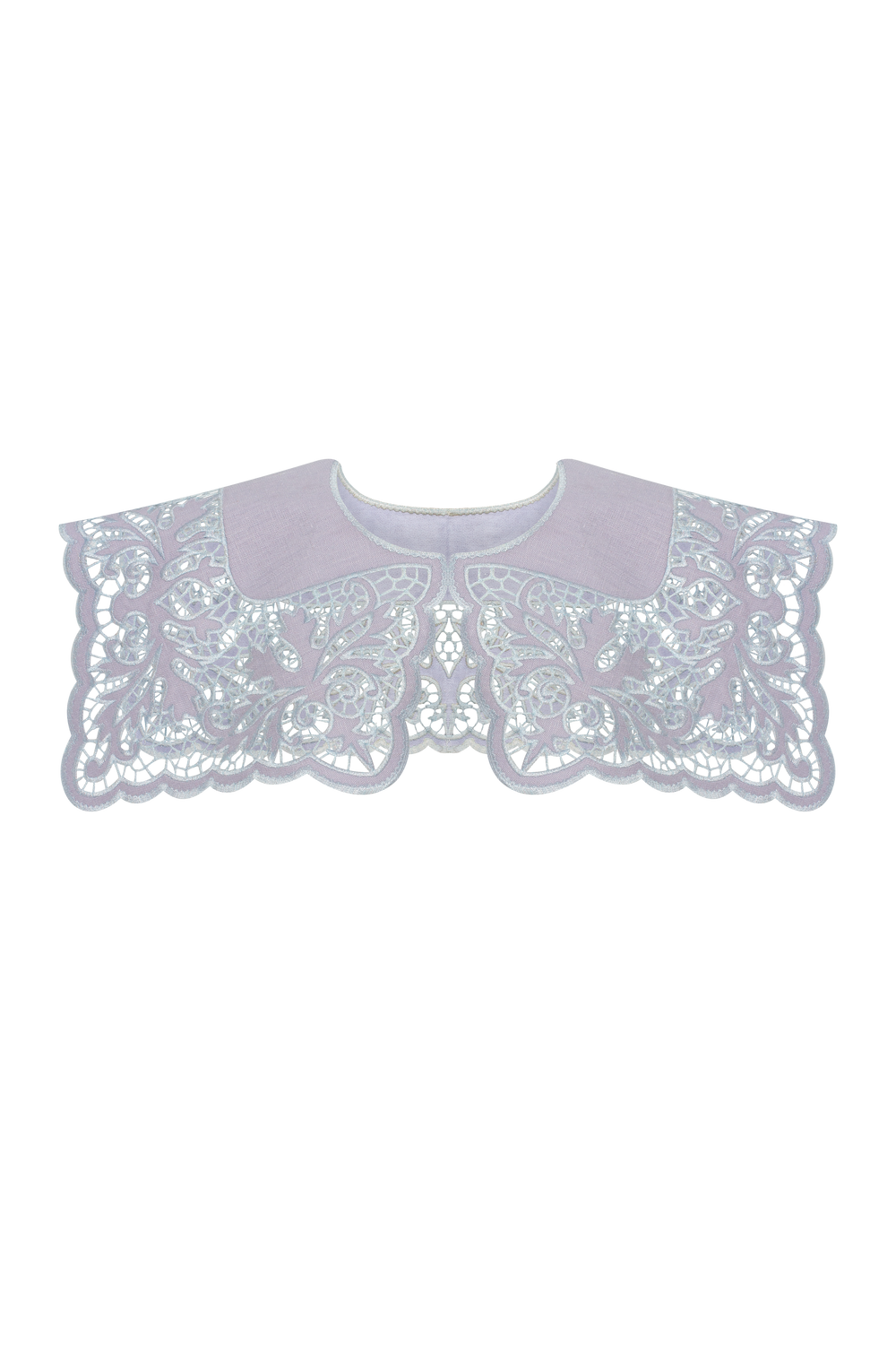 Hand-embroidered Richelieu cutwork detachable collar in light lavender