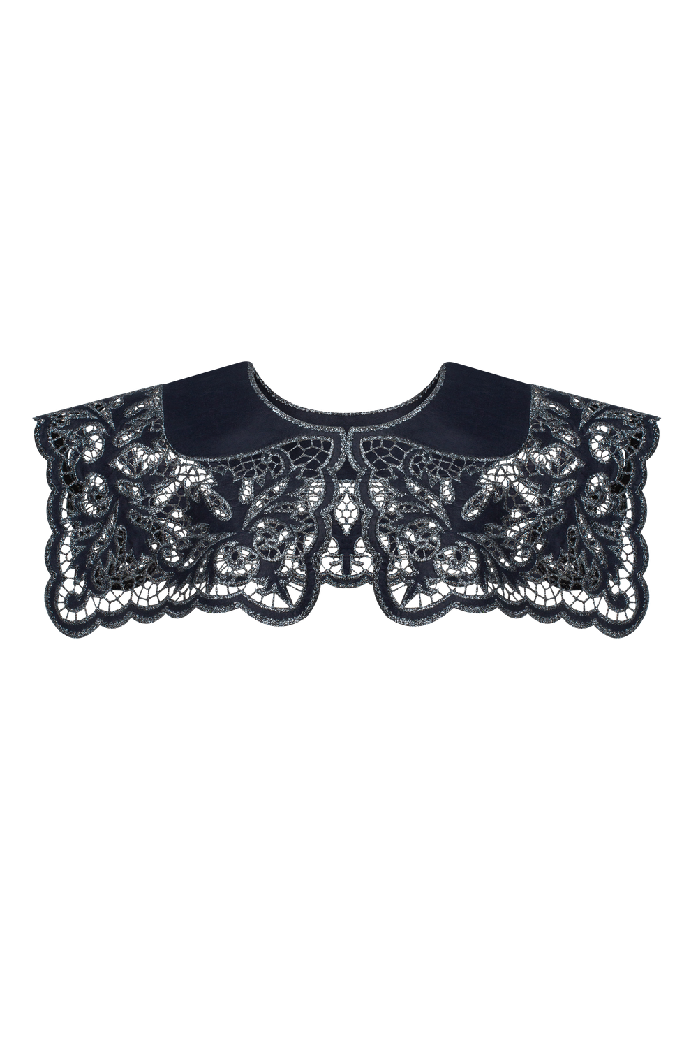 Hand-embroidered Richelieu cutwork detachable collar in navy blue