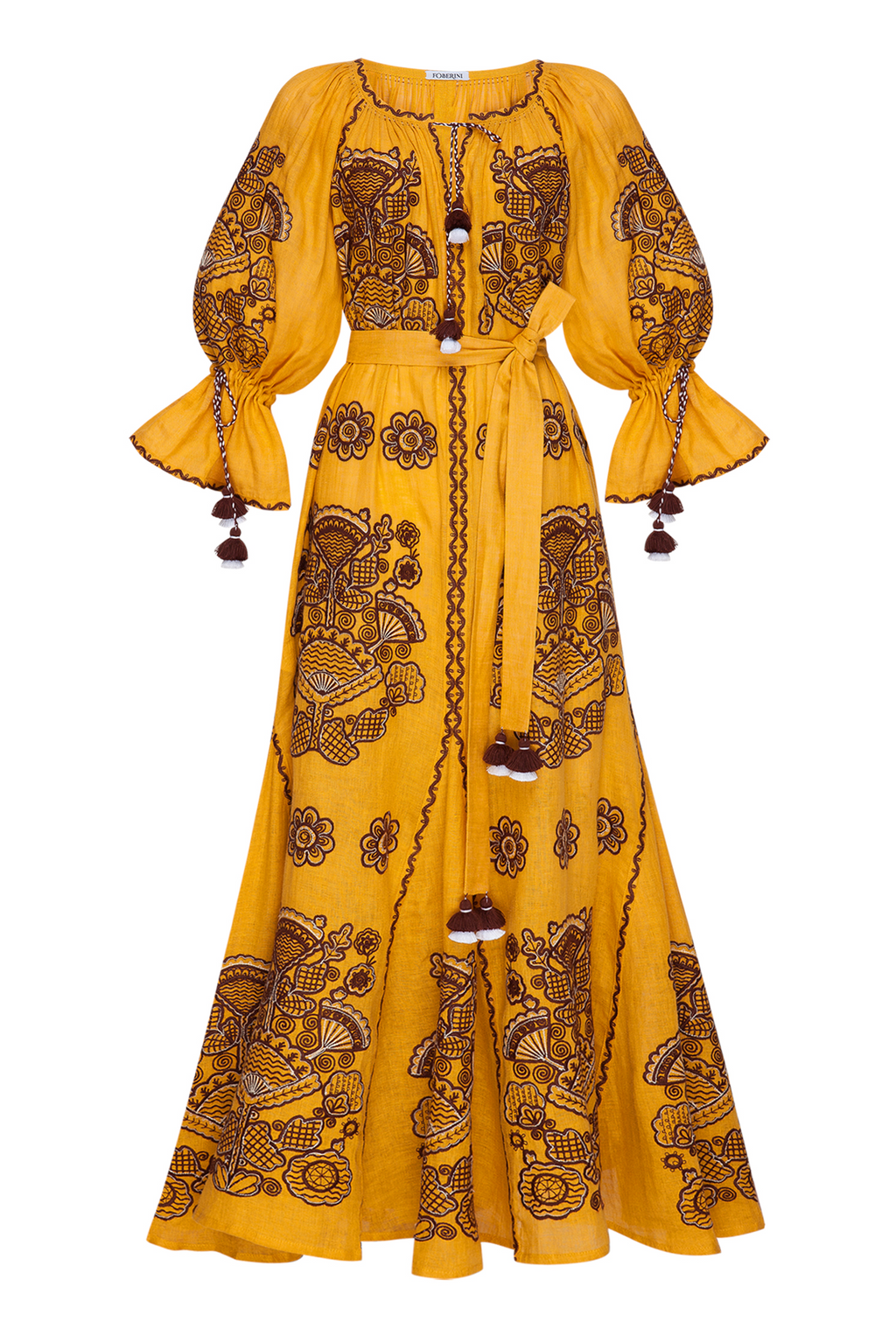 Foberini Victory Chic mustard linen maxi dress with brown and white Ukrainian floral embroidery