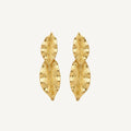 Gold leaf-shaped earrings on a white background