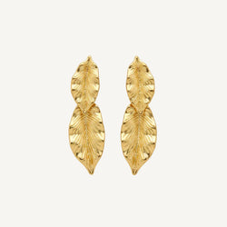Gold leaf-shaped earrings on a white background