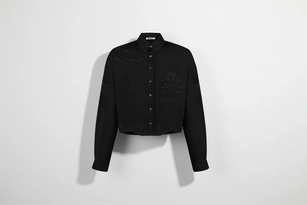 Tree of Life Black cropped linen embroidery shirt