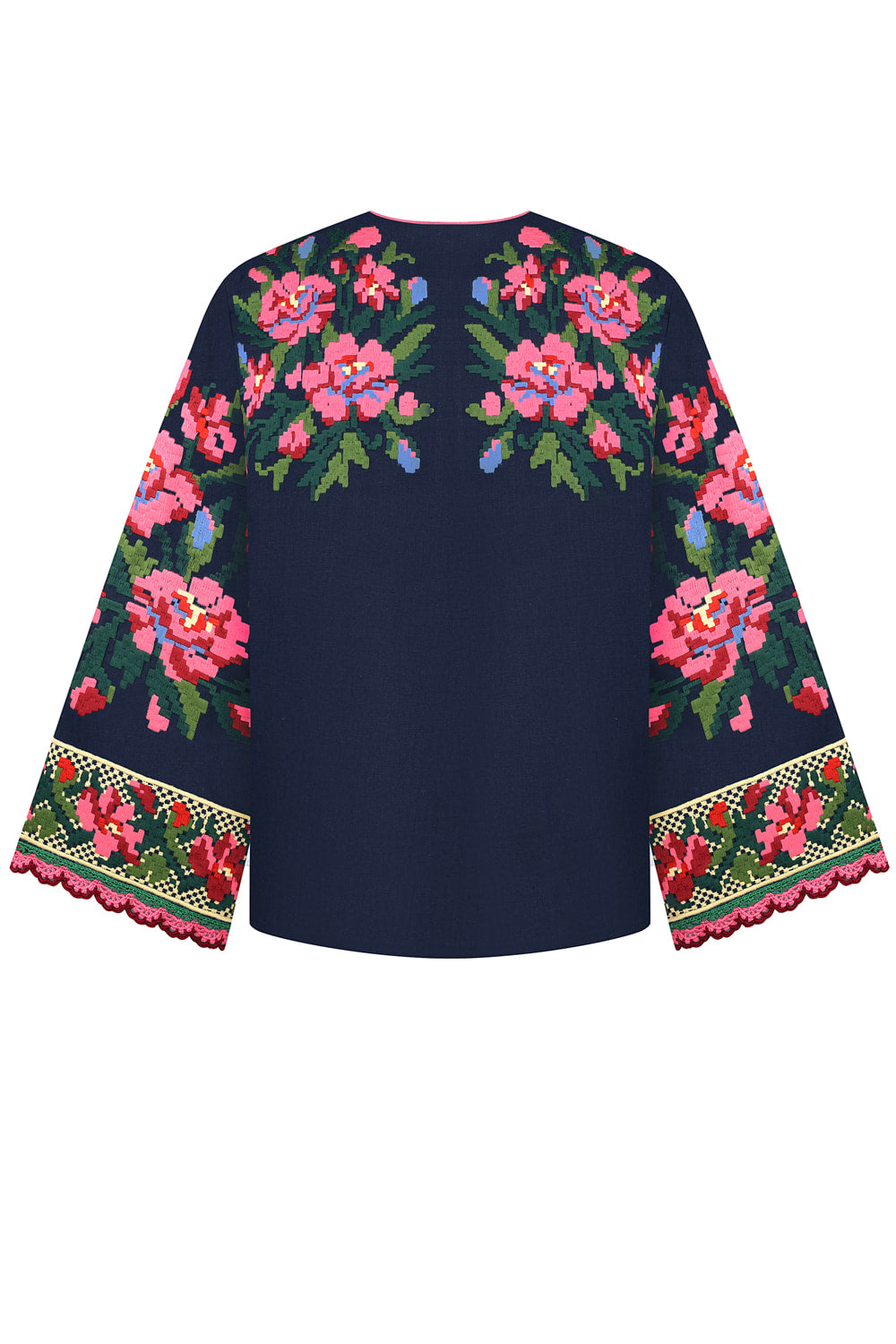 Bukovynian floral cross-stitch embroidery on linen - embroidery detail