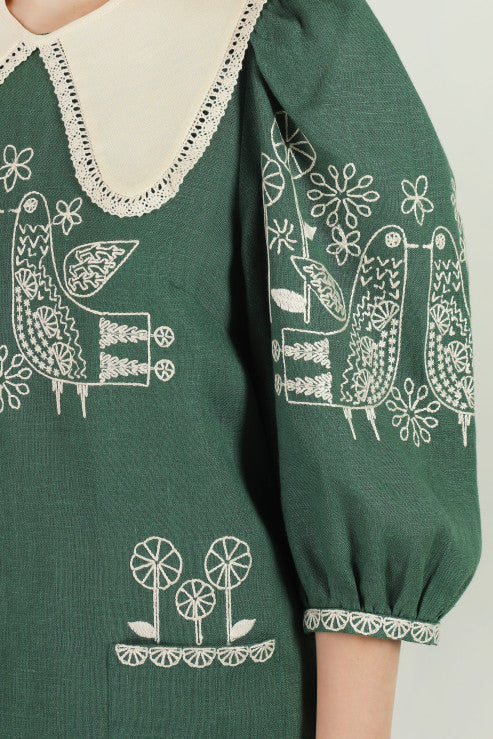 Embroidered Linen Mini Dress with Birds and Flowers Zozulya