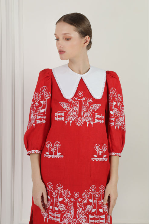 Foberini, Embroidered dress, white, linen, floral motif, hand-embroidered – fabric detail