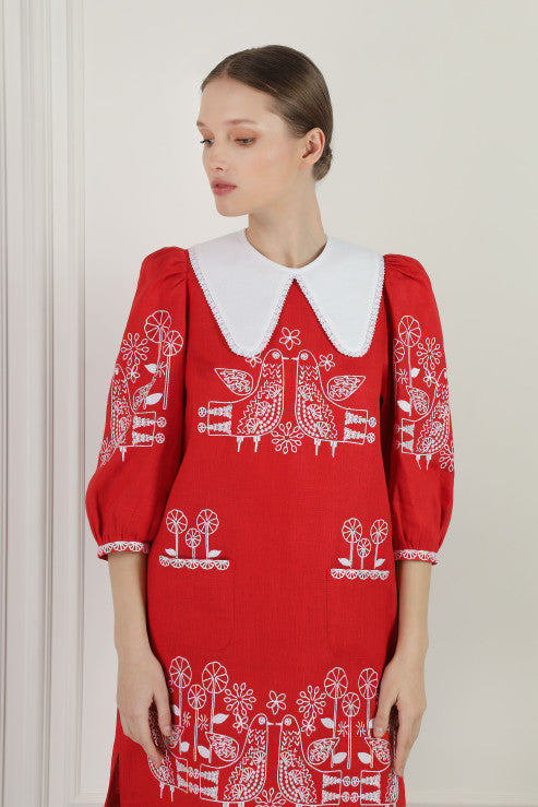 Embroidered Linen Mini Dress with Birds and Flowers Zozulya