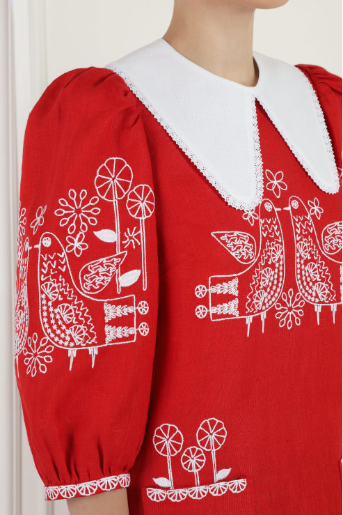 Foberini, Embroidered dress, white, linen, floral motif, hand-embroidered – embroidery detail