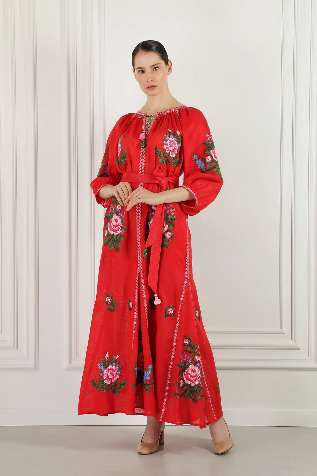 Evelyn cross-stitch embroidered dress in red