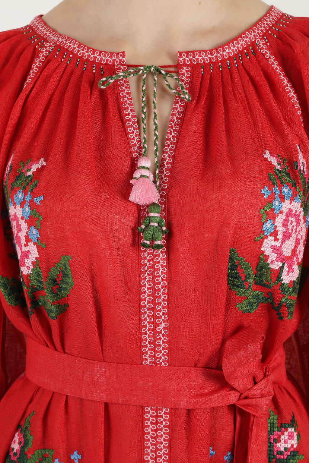 Evelyn cross-stitch embroidered dress in red