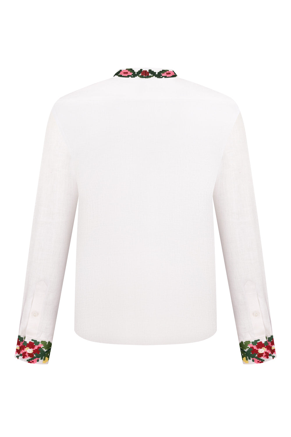 Men's linen shirt, embroidered stand-up collar and cuff, Bukovynian floral motif