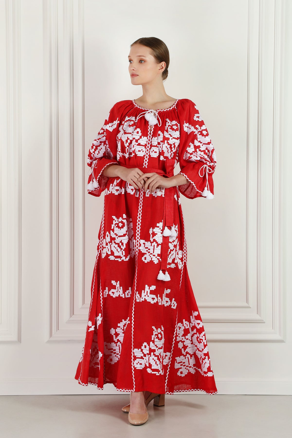 Red Sea embroidered red linen dress by Foberini - embroidery detail