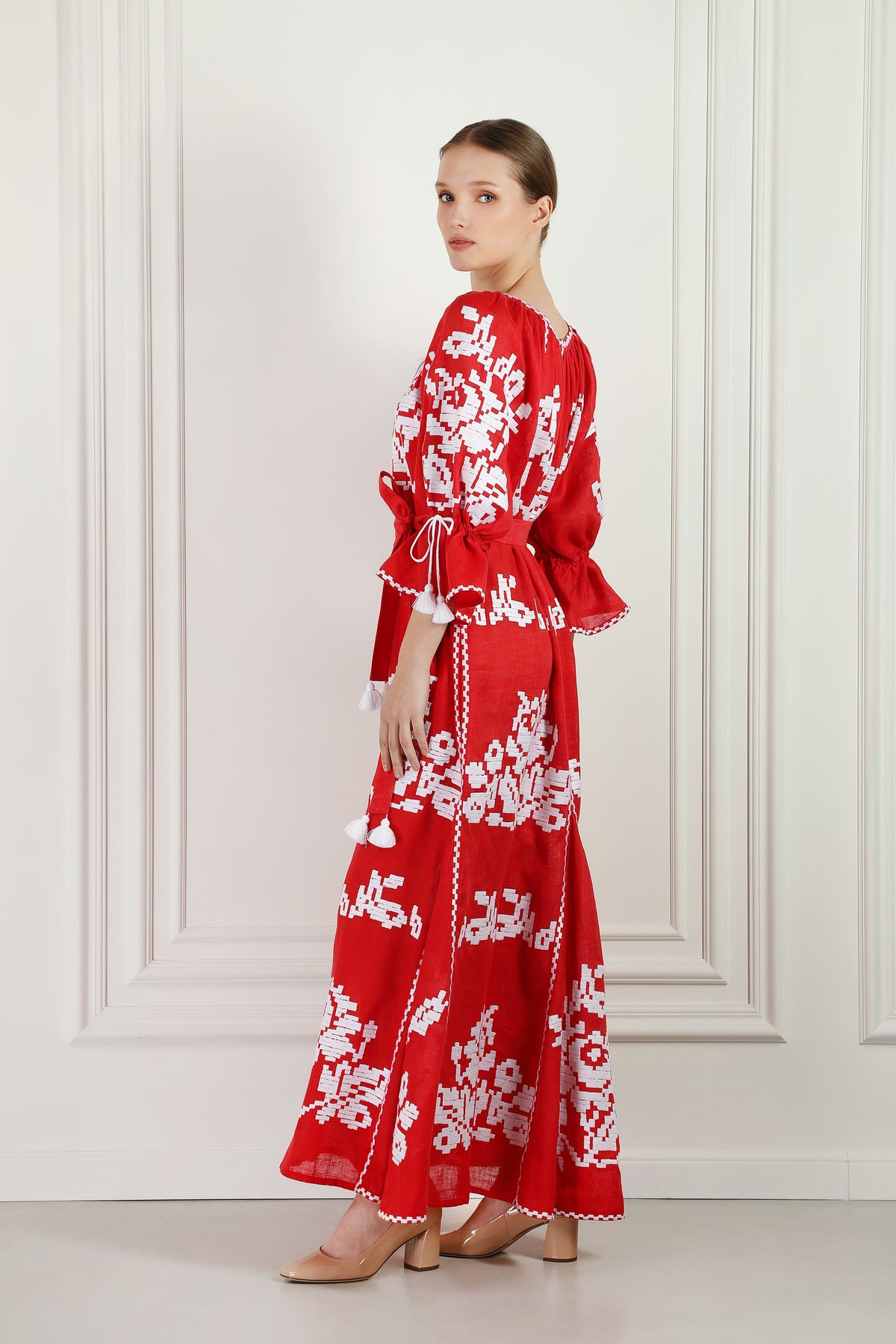 Red Sea embroidered red linen dress - tassel sleeve detail