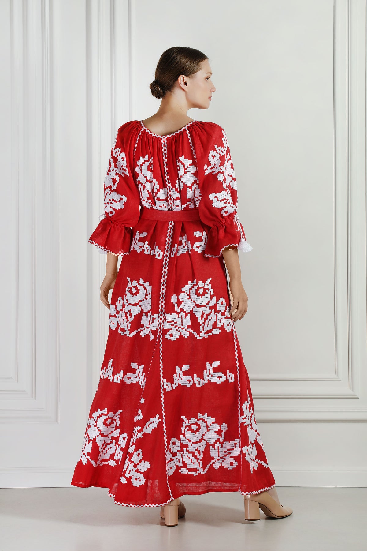 Red Sea embroidered red linen dress - back view