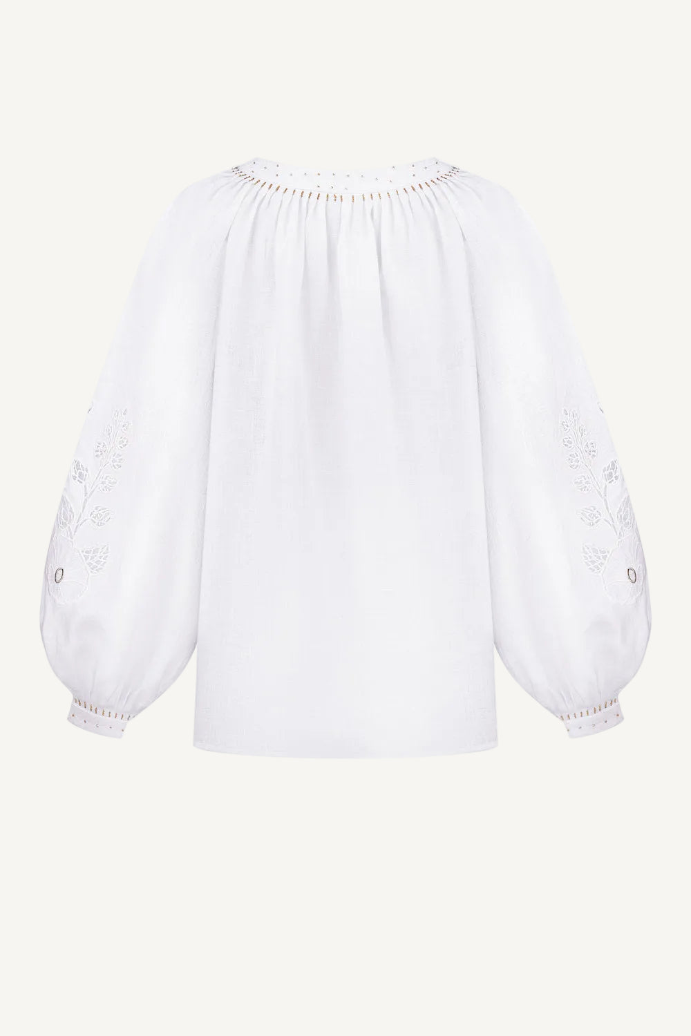 Mallow linen blouse - white-on-white dimensional floral embroidery detail
