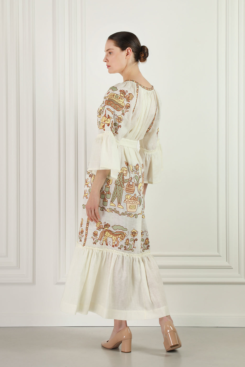 Embroidery History beige linen maxi dress - styled look