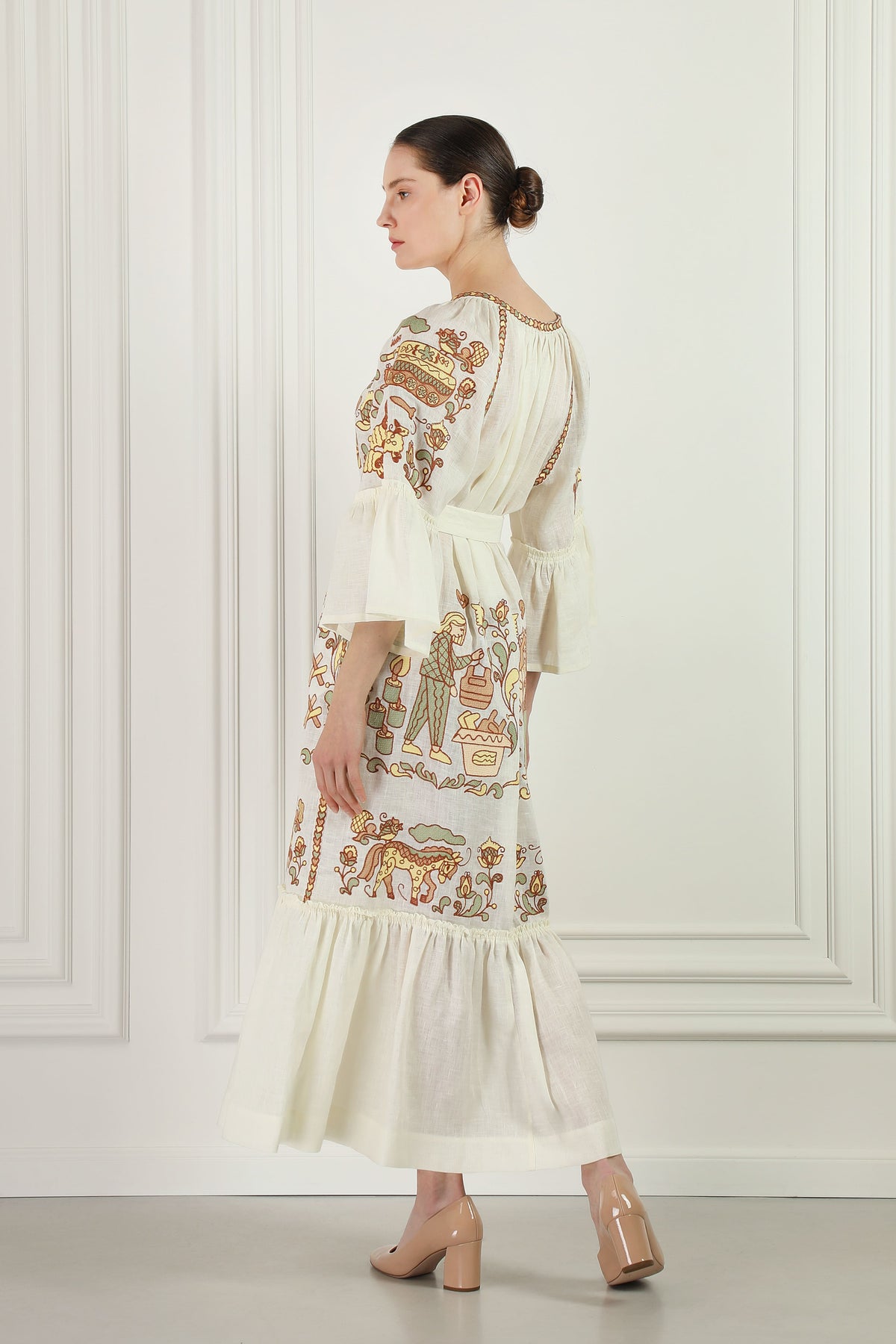 Embroidery History beige linen maxi dress - styled look