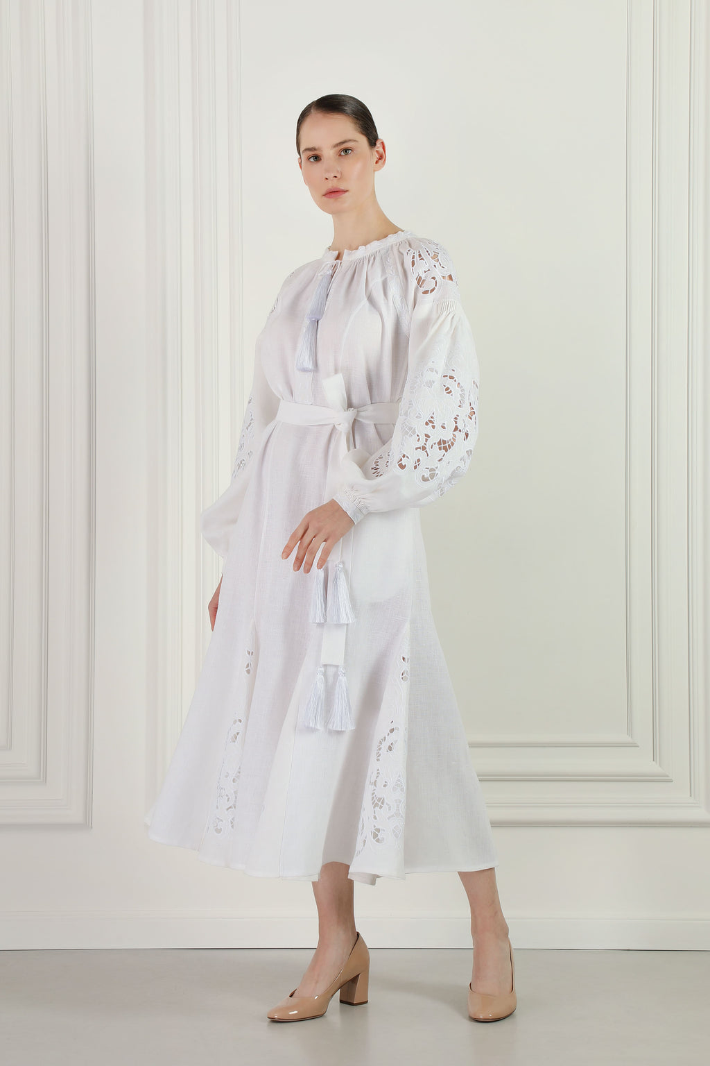 "Sweetheart" Artisanal White Midi Embroidered Dress