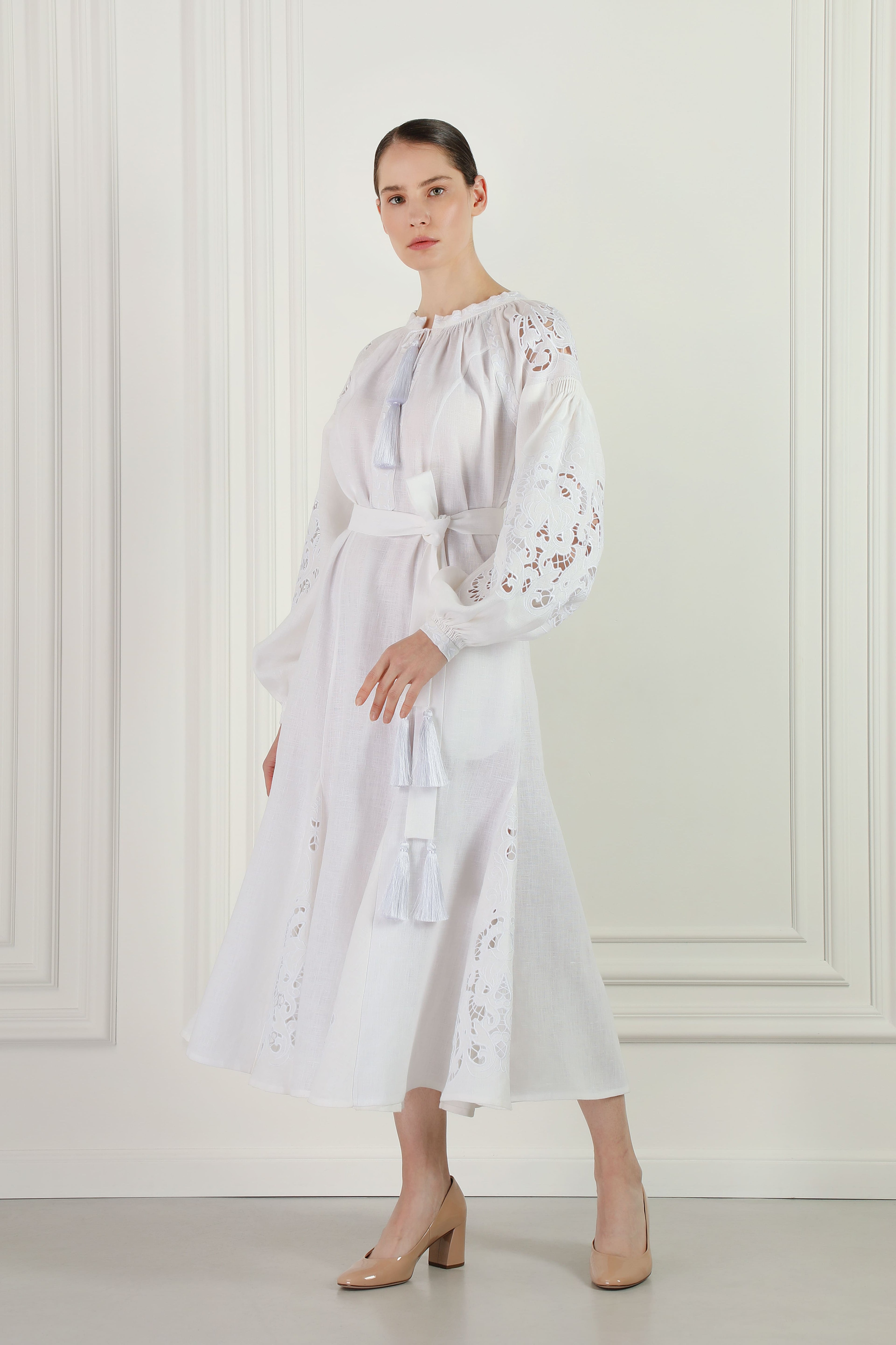 "Sweetheart" Artisanal White Midi Embroidered Dress