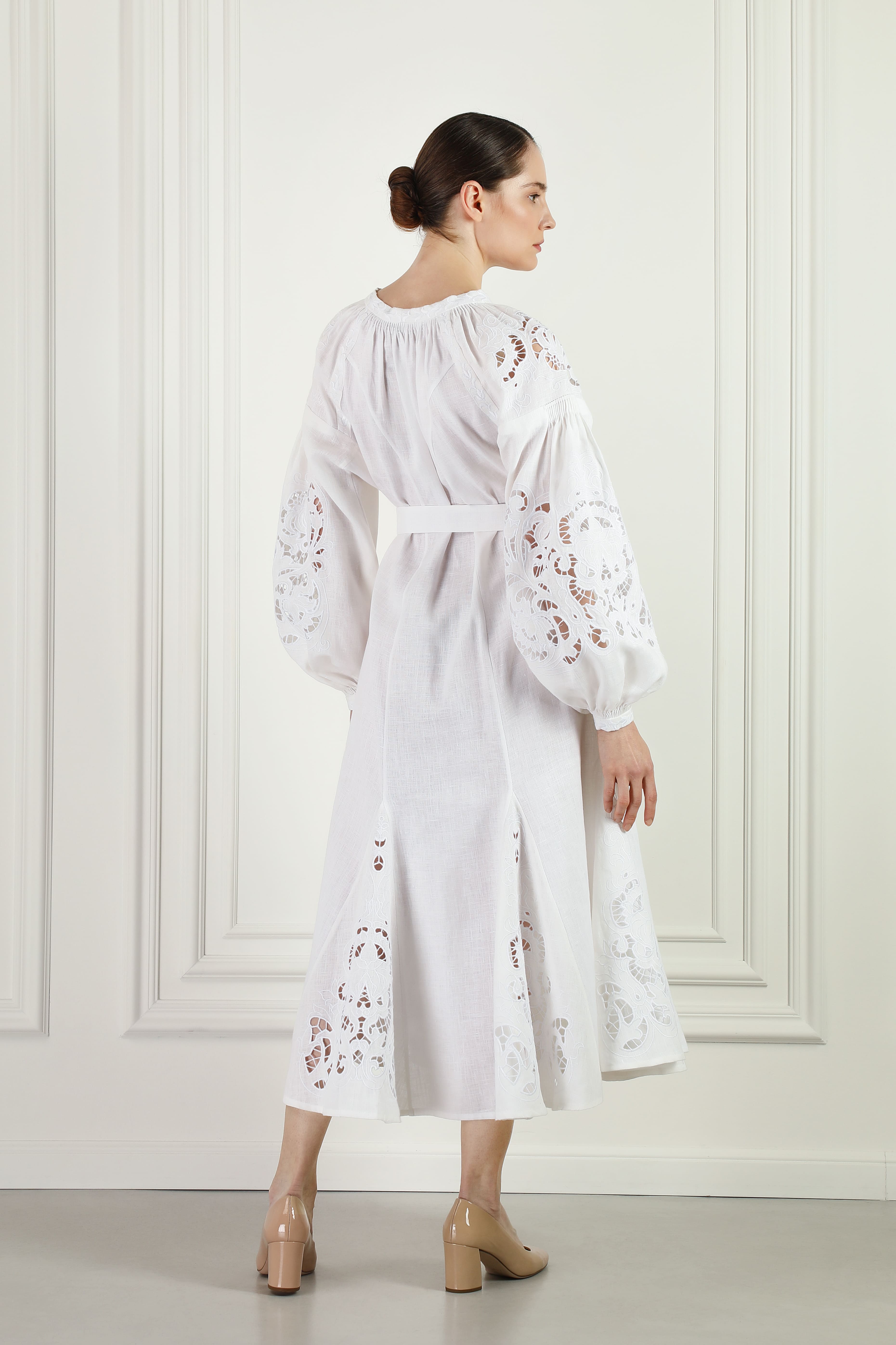 "Sweetheart" Artisanal White Midi Embroidered Dress