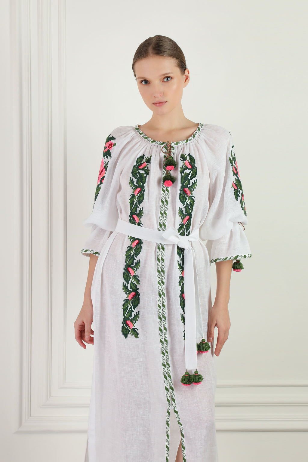 White linen beach tunic - straight sleeve with tie closure