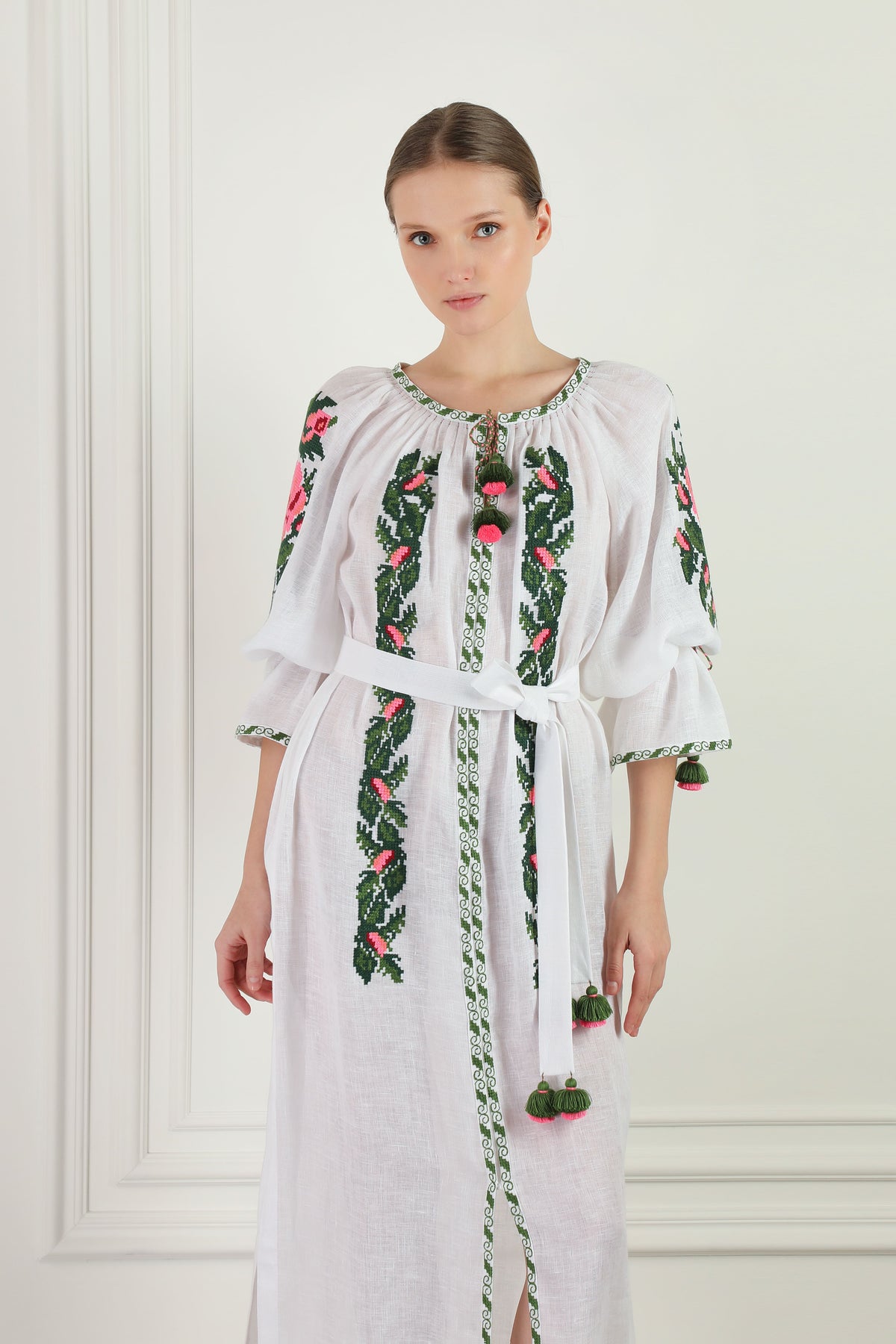 White linen beach tunic - straight sleeve with tie closure
