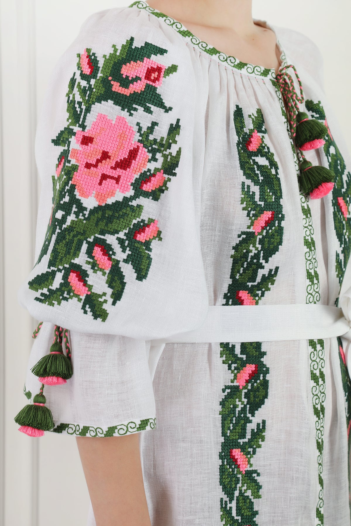 White linen beach tunic - cross-stitched rose embroidery detail