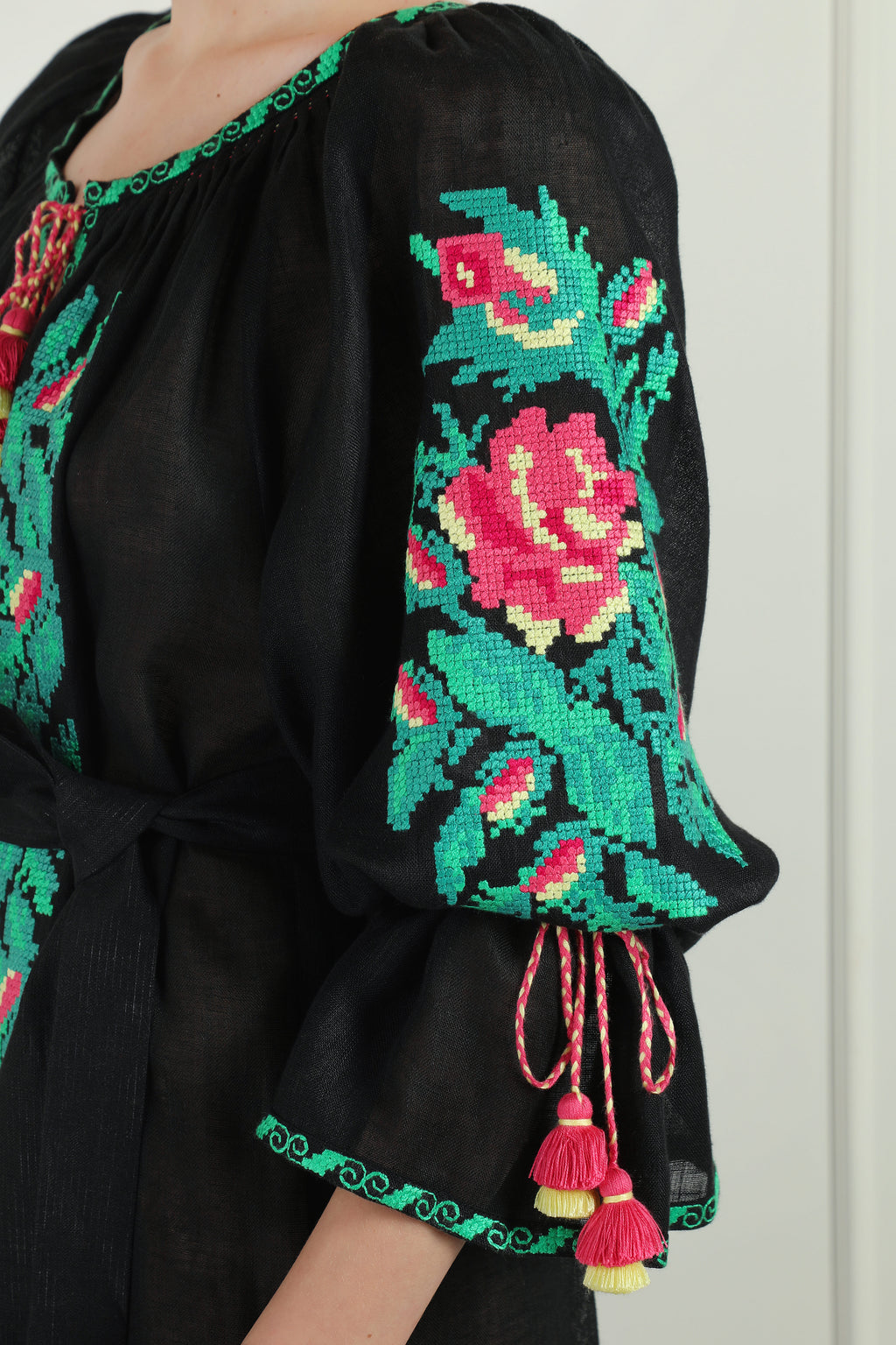 Oversized linen beach tunic - cross-stitched floral embroidery detail