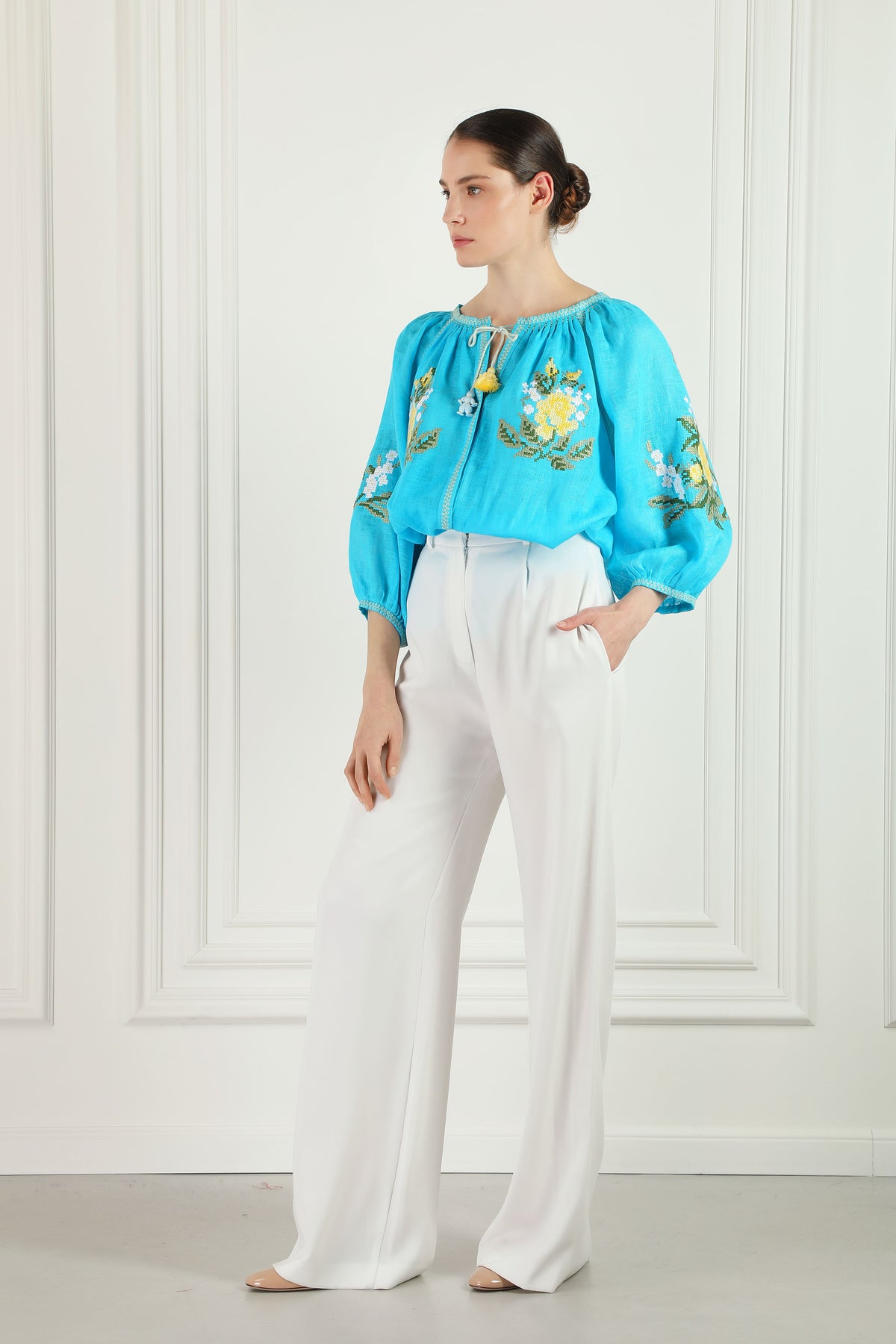 Evelyn blue linen blouse, beaded tassel-tie neckline detail