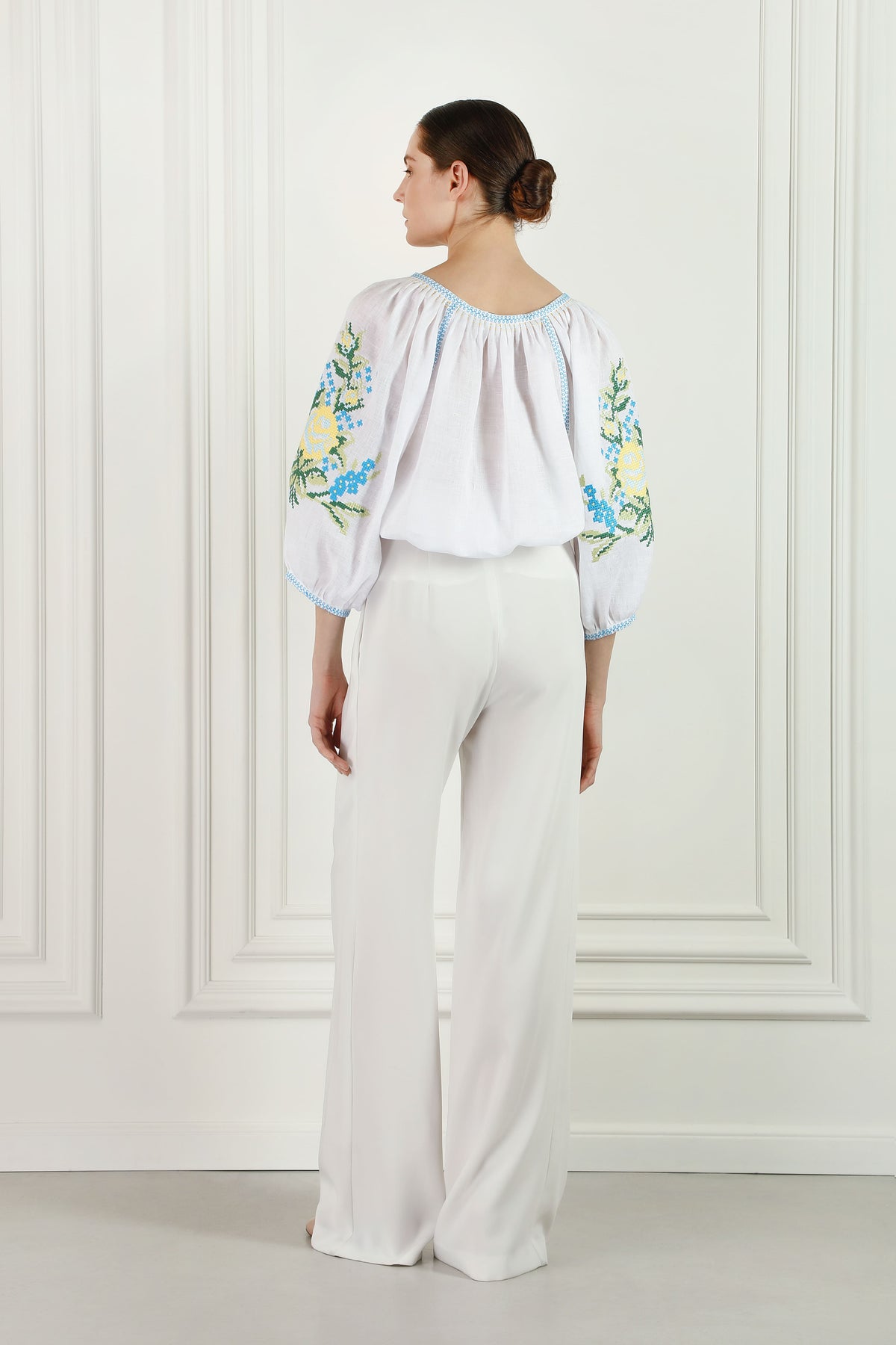 Evelyn white linen blouse, beaded tassel-tie neckline detail