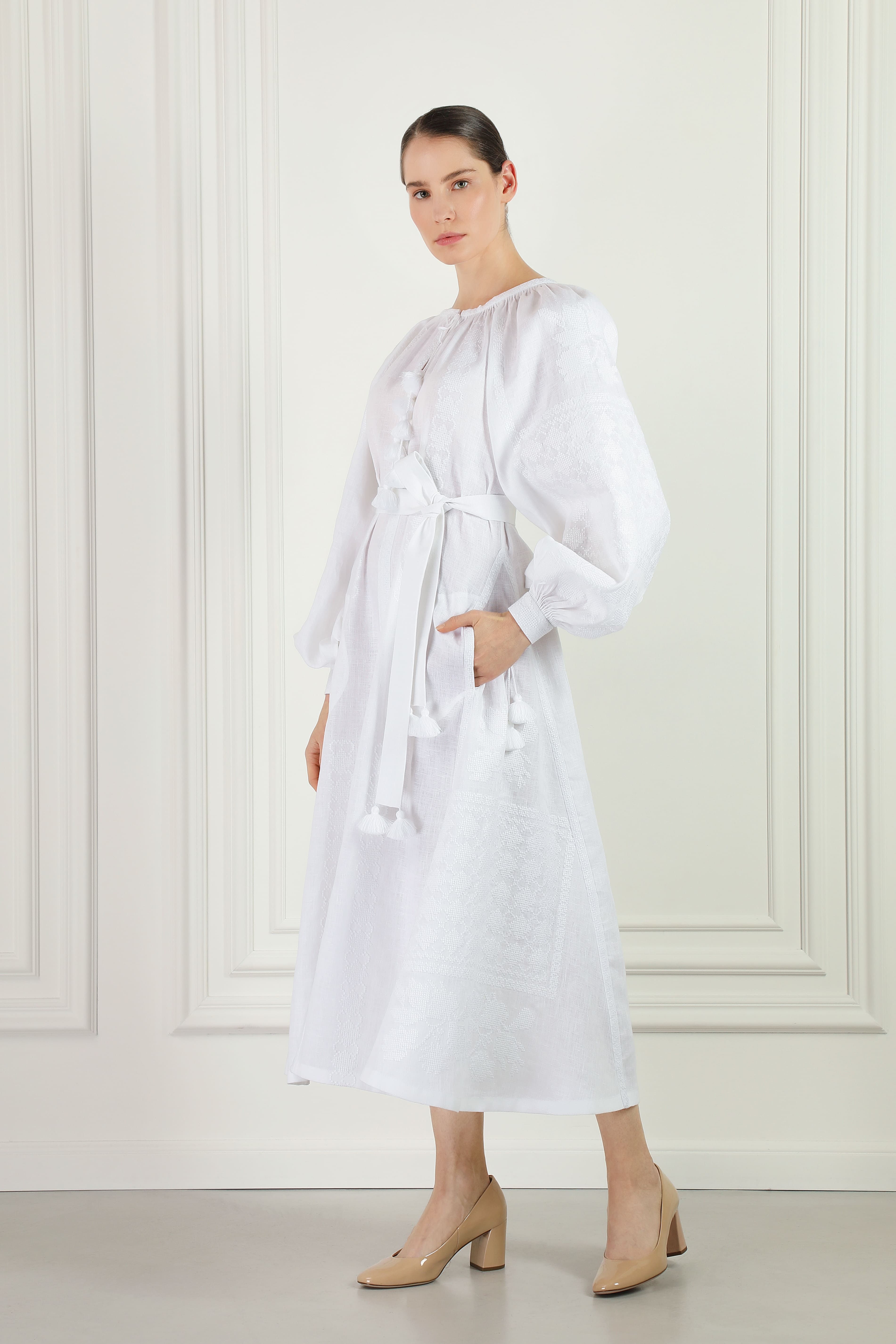 White Chick Embroidered Midi Dress