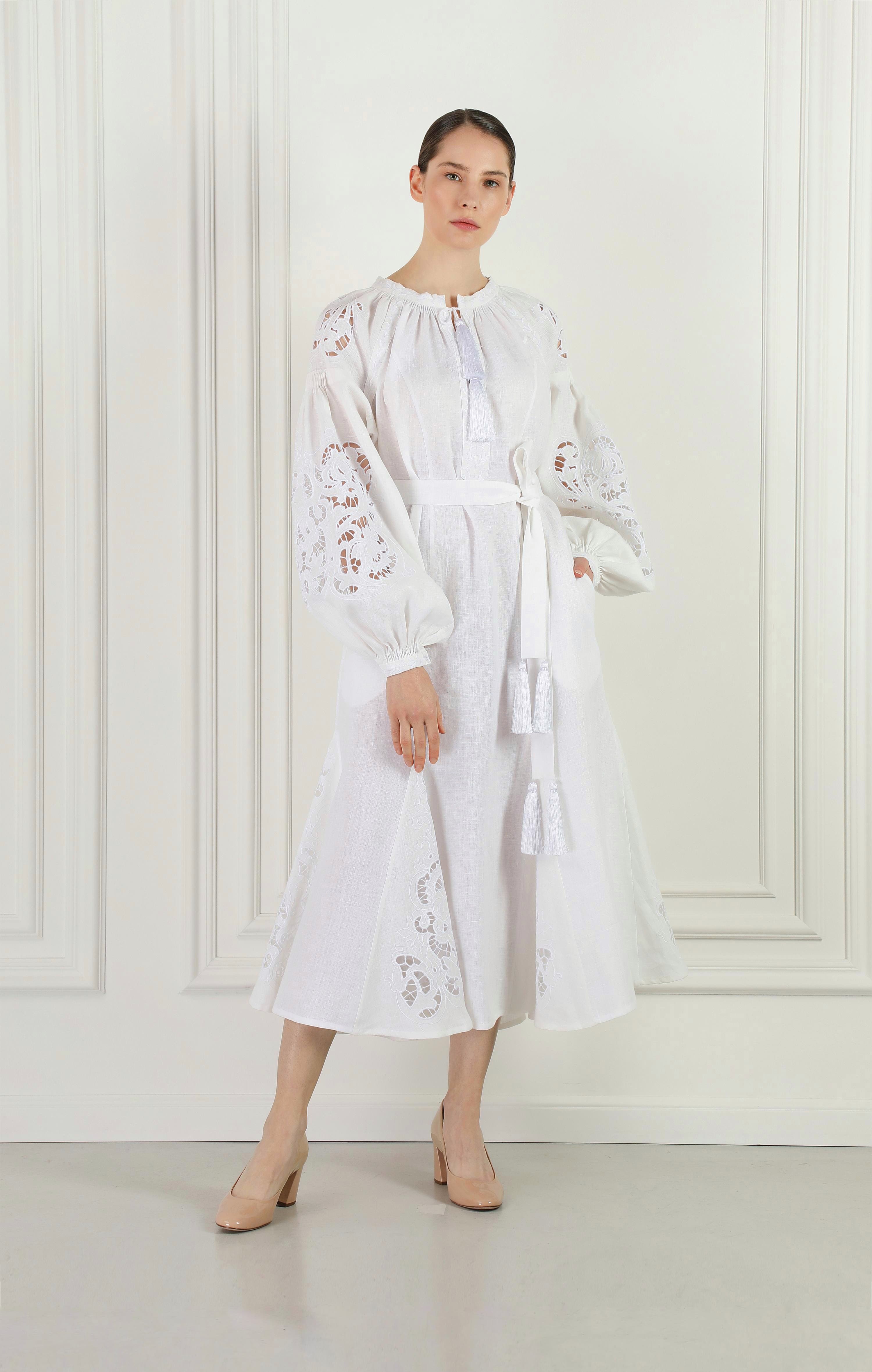 "Sweetheart" Artisanal White Midi Embroidered Dress