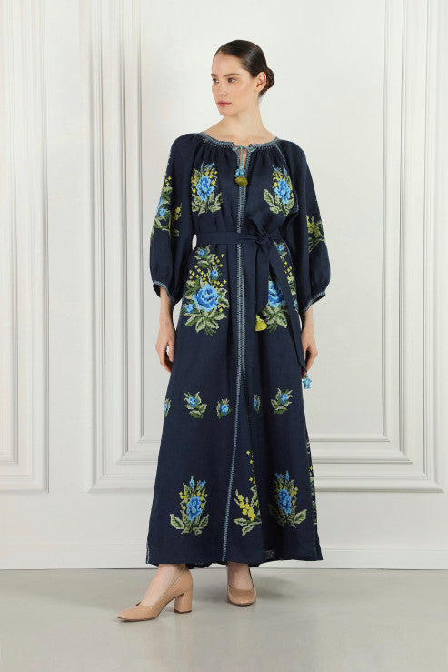 Rochie Evelyn cu broderie florală în albastru bleumarin