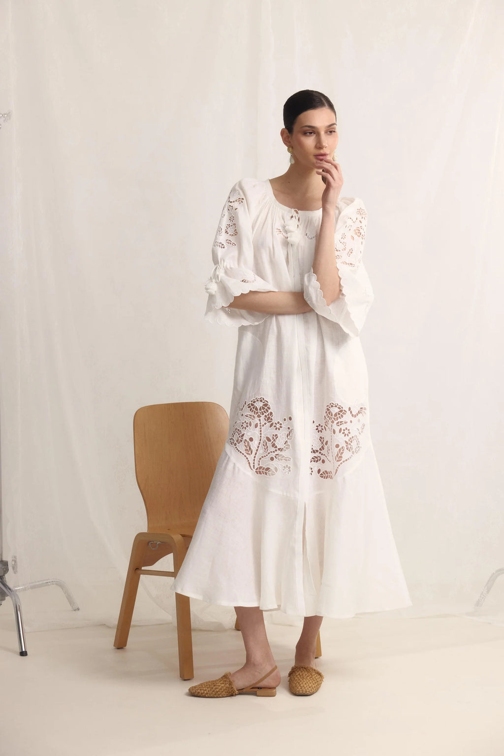 Tree of Life white linen maxi dress - styled look