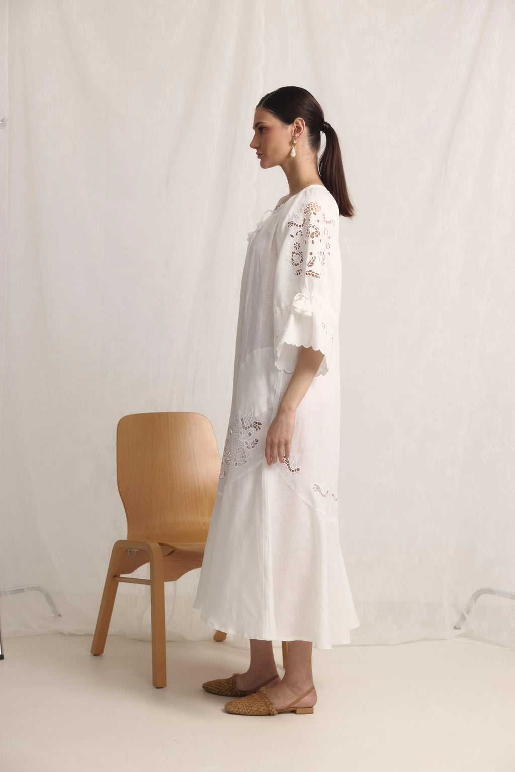 Tree of Life white linen maxi dress - cut-out embroidery detail