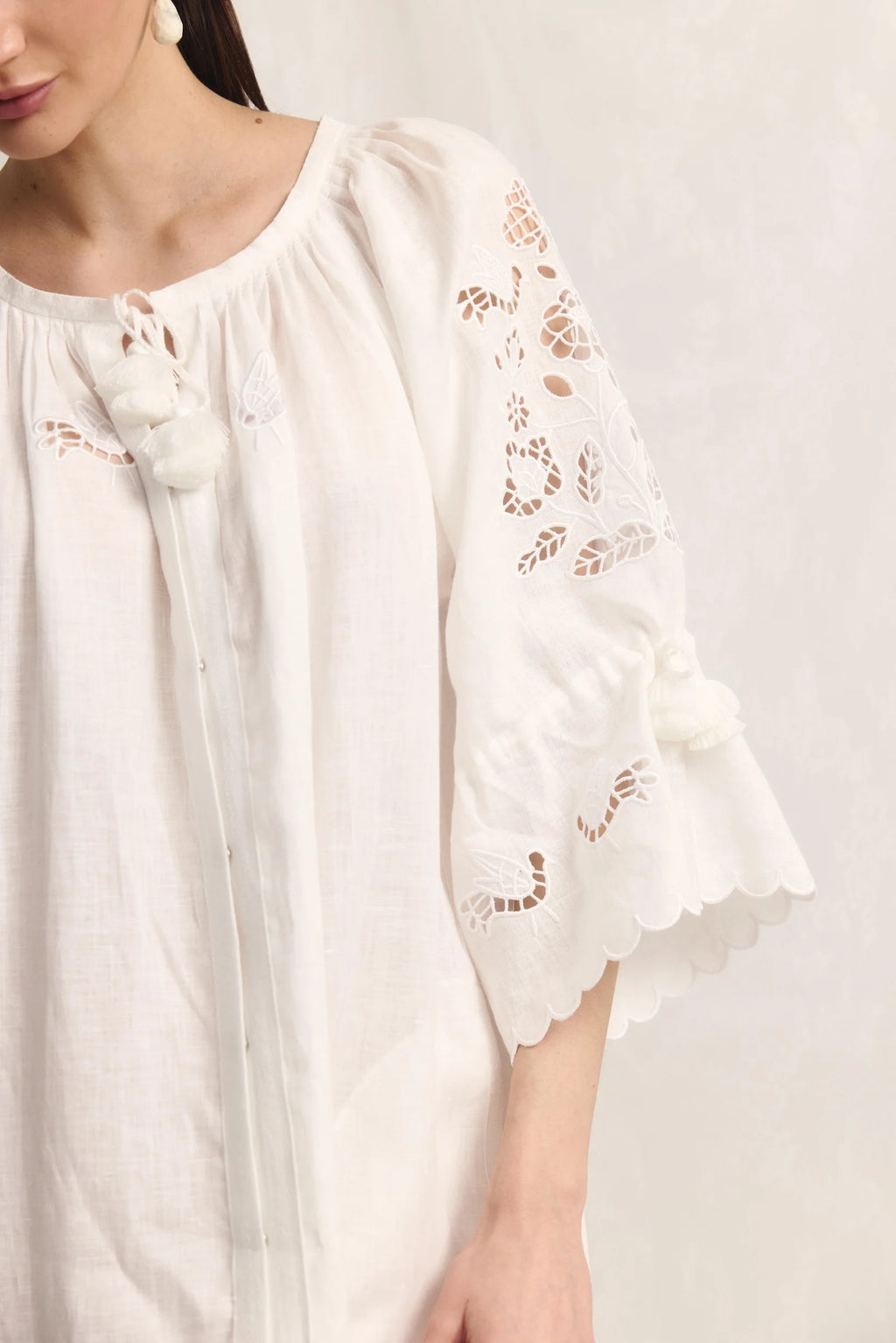 Tree of Life white linen maxi dress - handmade tassel tie detail