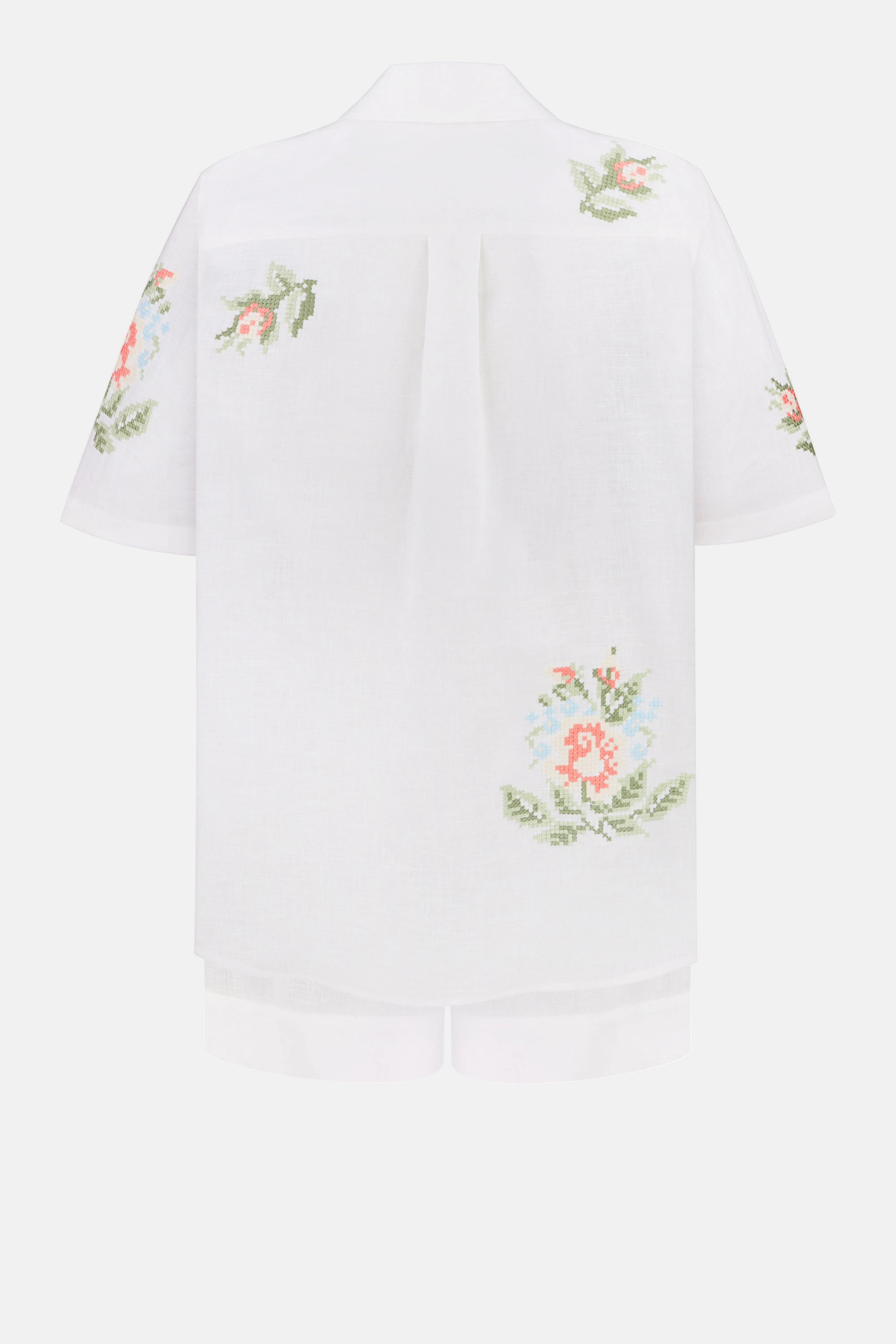 Women white linen costume set floral embroidery Eneida