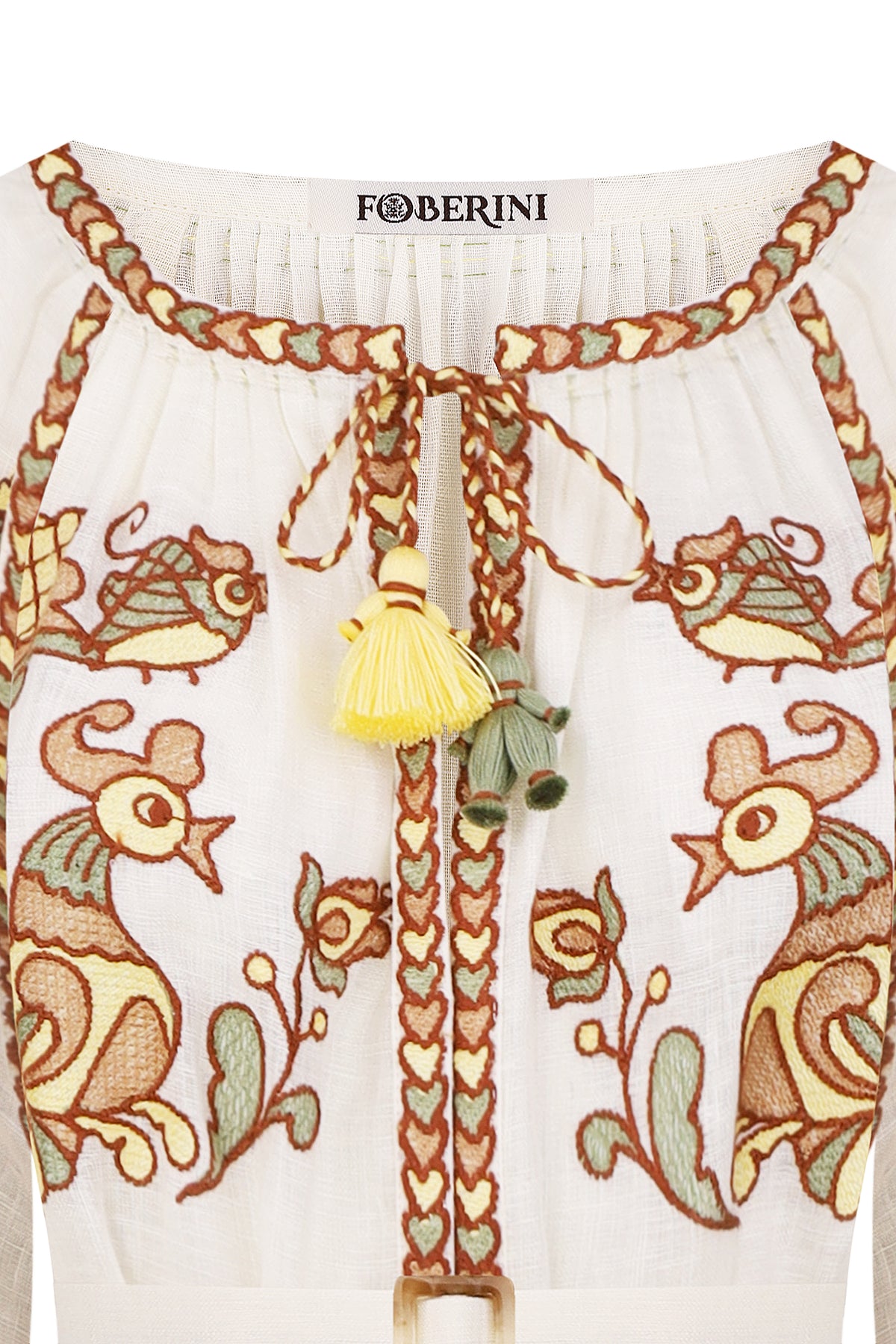 Embroidery History linen maxi dress - handmade hem tassel detail