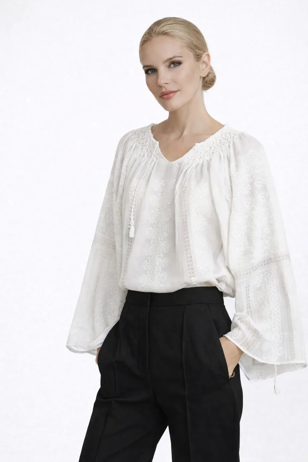 White Ram’s Horn motif hand cross-stitched silk and cotton blouse with ajour embroidery