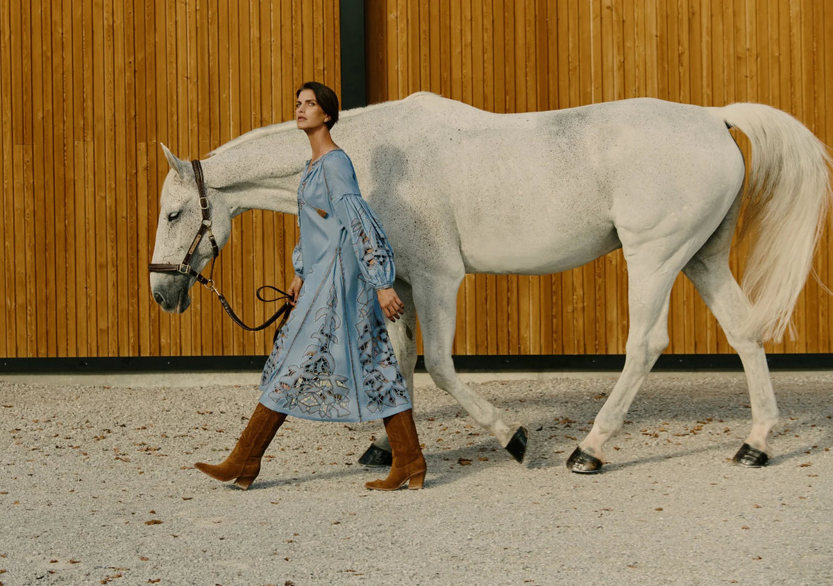 Flying Home blue linen midi dress - cutwork embroidery and silver bead detail