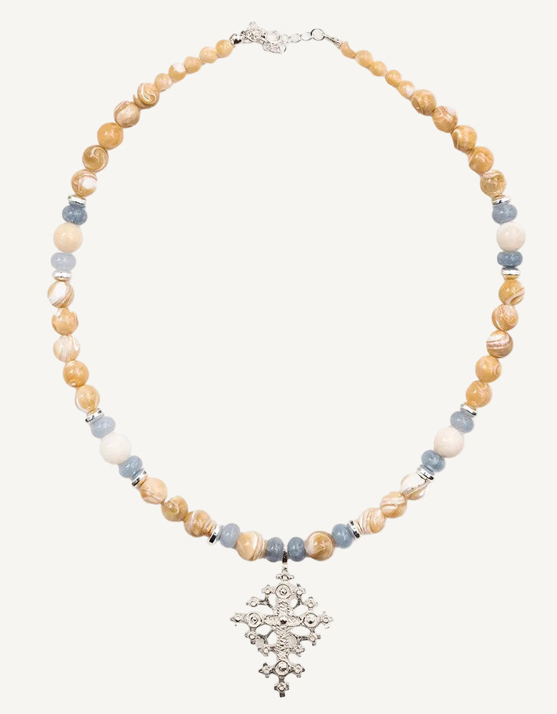 Necklace with multicolored beads and a silver cross pendant Mother-of-Pearl, Blue Agate & 925 Silver Cross Necklace