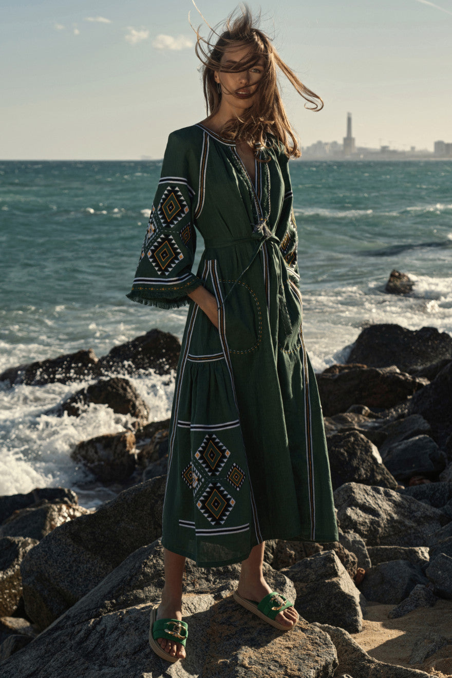 Dark-green embroidered linen midi dress, My Sleeping Gypsy