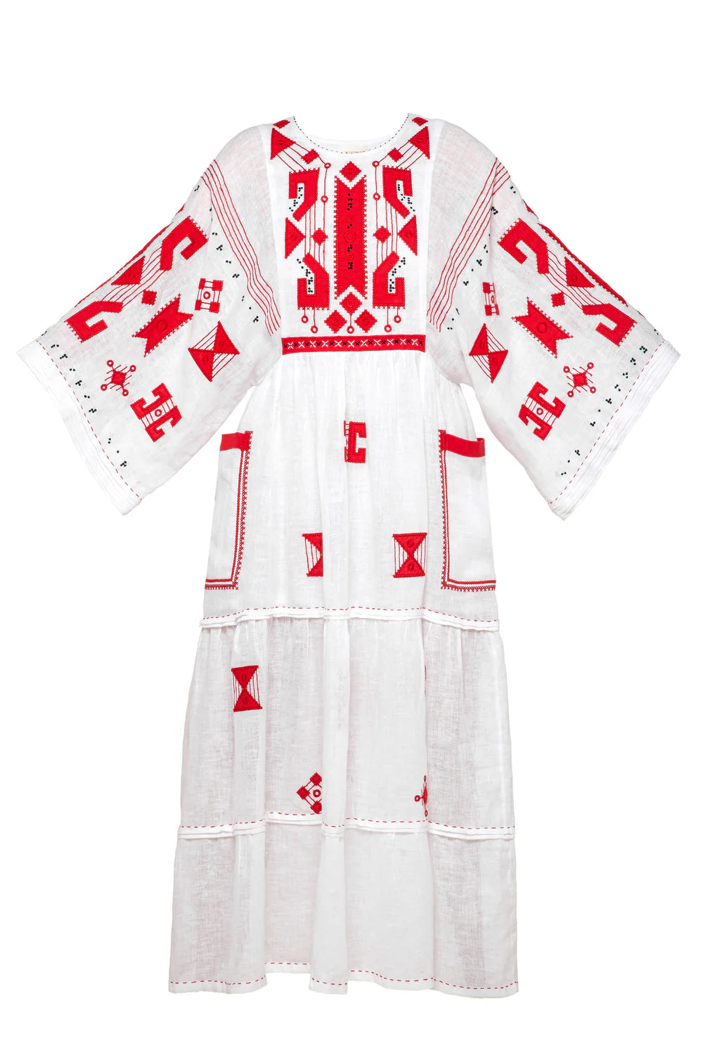 White Linen Long Dress with Geometric Embroidery Braille My Sleeping Gypsy
