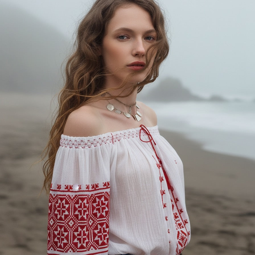 Romanian Blouse off-shoulder blouse with red embroidery Blouse Roumaine Shop