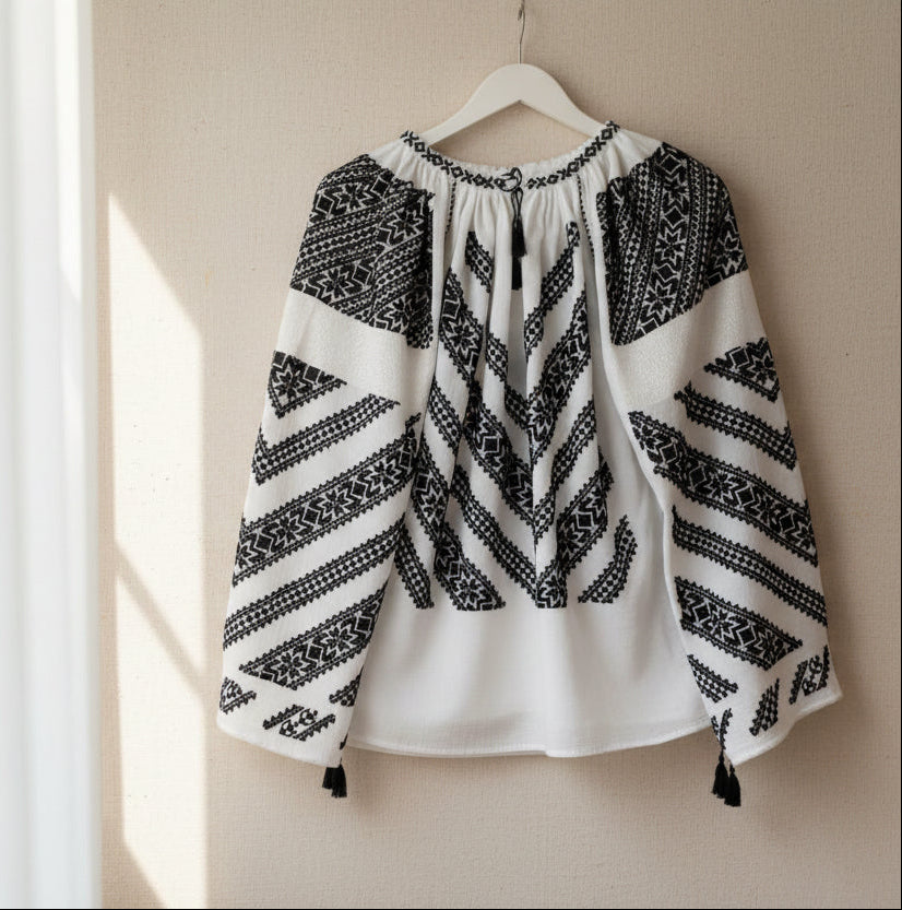 White blouse with black embroidery on a hanger against a white background