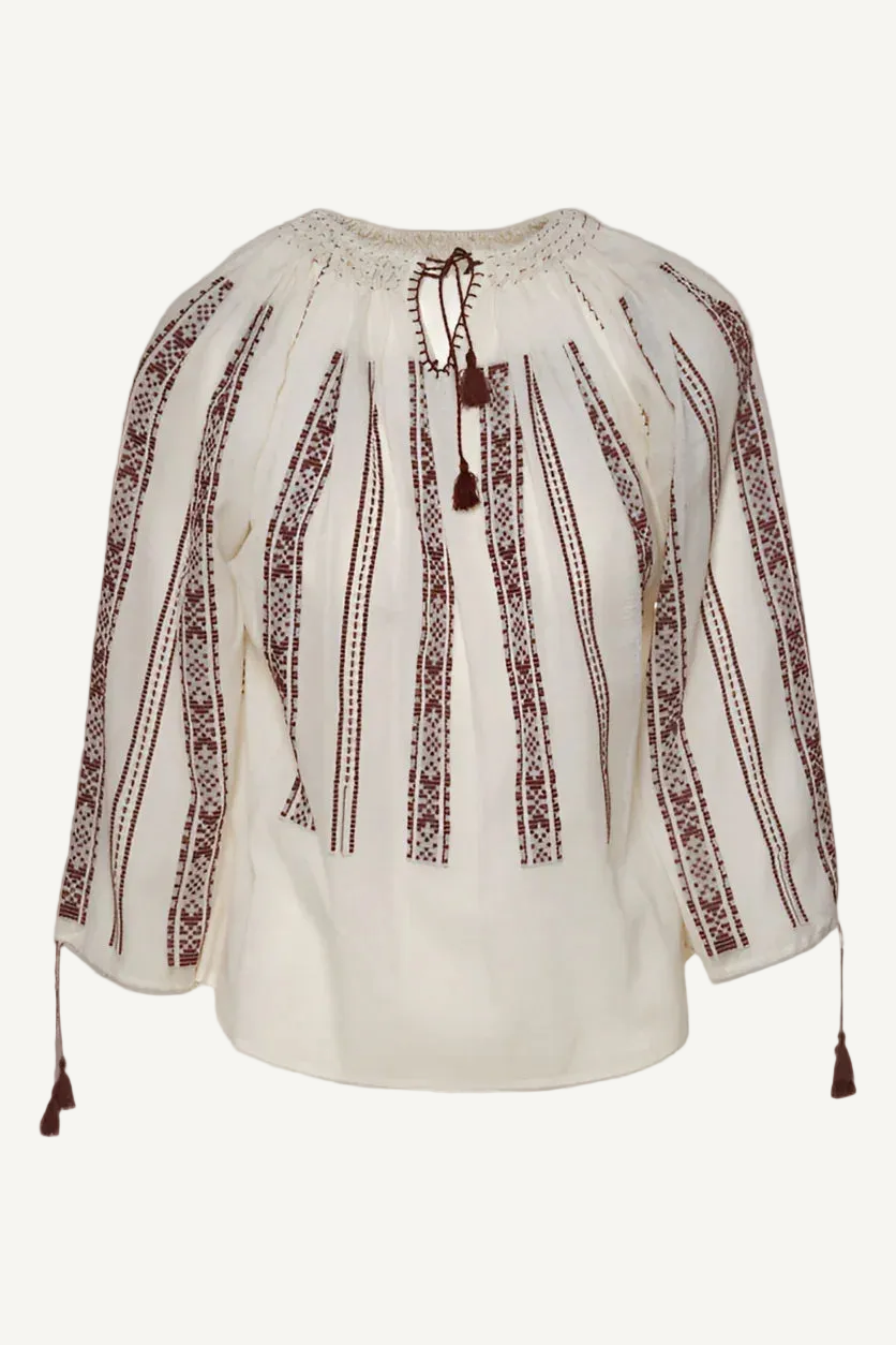 Authentic handmade Romanian blouse, beige, geometric motif, hand-embroidered – embroidery detail